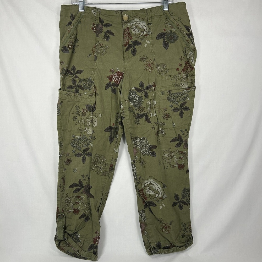 Democracy Olive Green Floral Utility Cargo Pants – Roll Tab Cuff – Size 14
